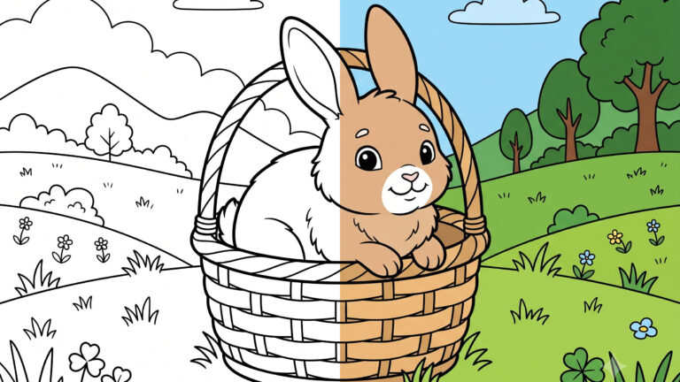 Fluffy Bunny in a Basket Coloring Page