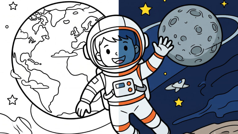 Happy Astronaut in Space Coloring Page