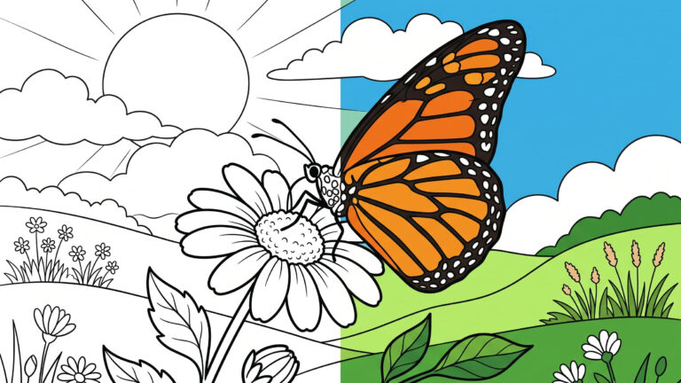 Monarch Butterfly on a Daisy Coloring Page
