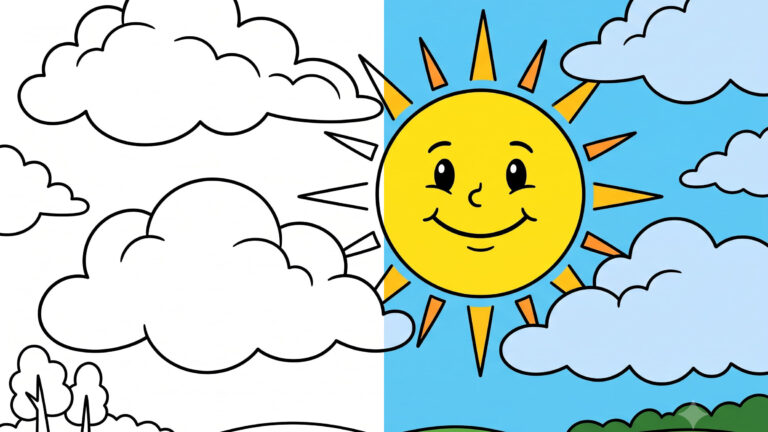 Happy Sun and Fluffy Clouds Coloring Page