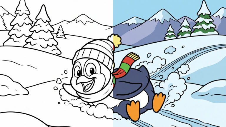 Silly Penguin Sliding Down Snow Hill Coloring Page