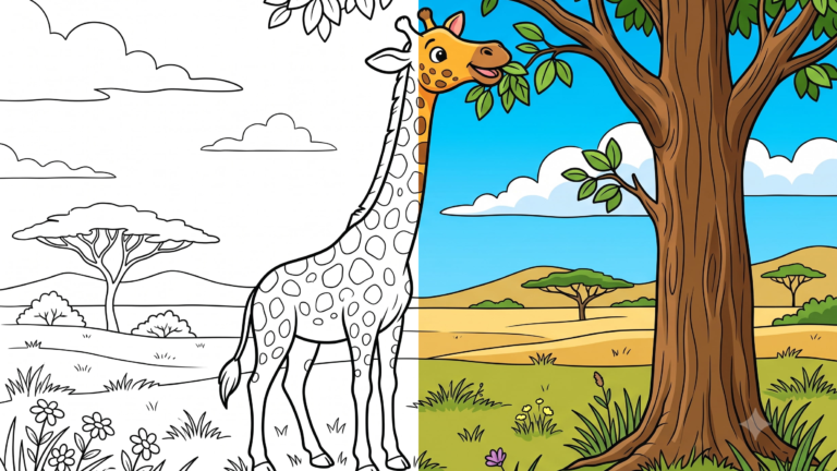 Happy Giraffe Munching Leaves Landscape Coloring Page