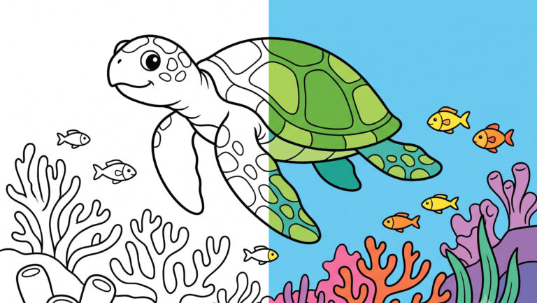 Cheerful Sea Turtle Swimming Landscape Coloring Page