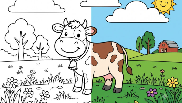 Happy Cow in the Meadow Coloring Page + Color Online