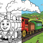 Cheerful Steam Locomotive Train Landscape A4 Coloring Page – Free Printable for Kids!