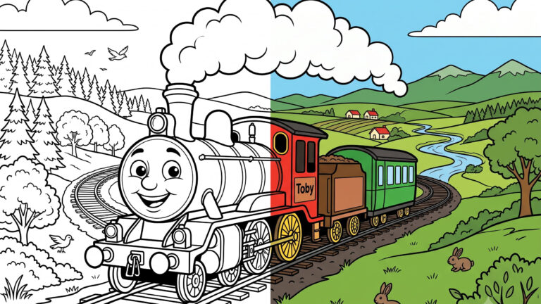 Cheerful Steam Locomotive Train Landscape Coloring Page