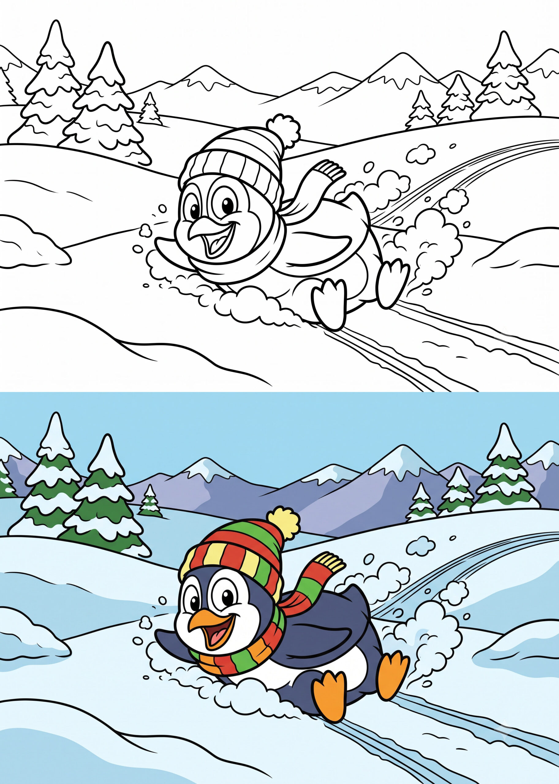 Silly Penguin Sliding Down Snow Hill Coloring Page