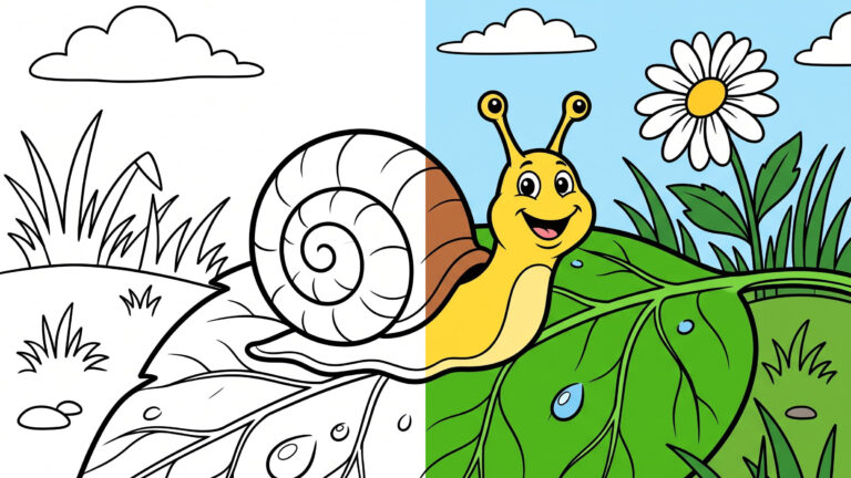 Sweet Snail on a Giant Leaf Coloring Page