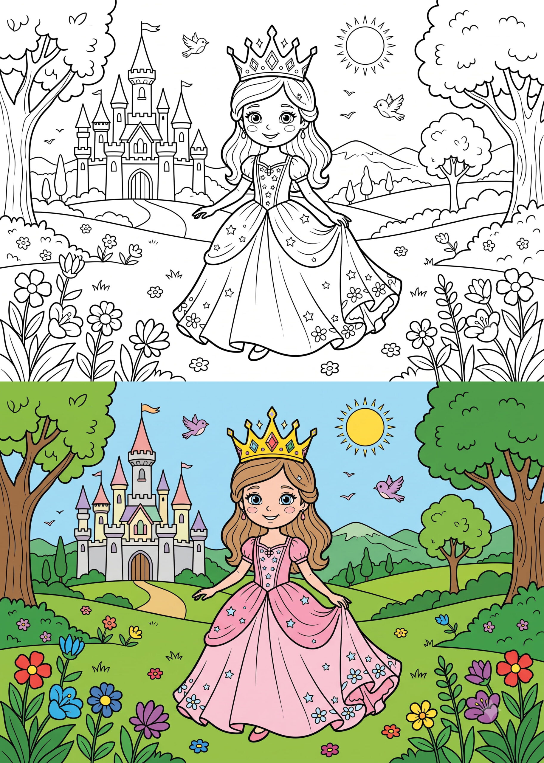 Beautiful Princess with Sparkling Crown Coloring Page