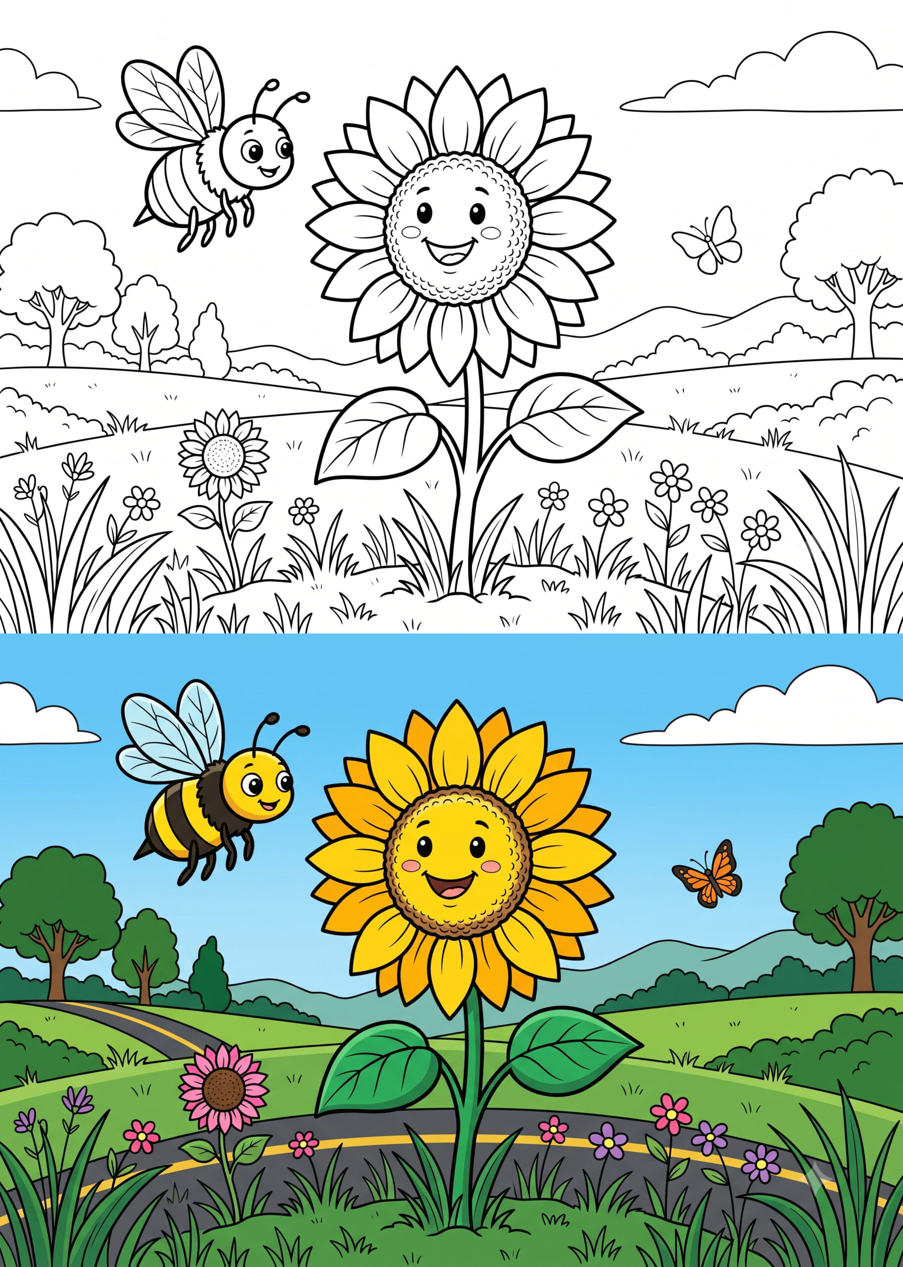 Busy Bee and Sunflower Coloring Page