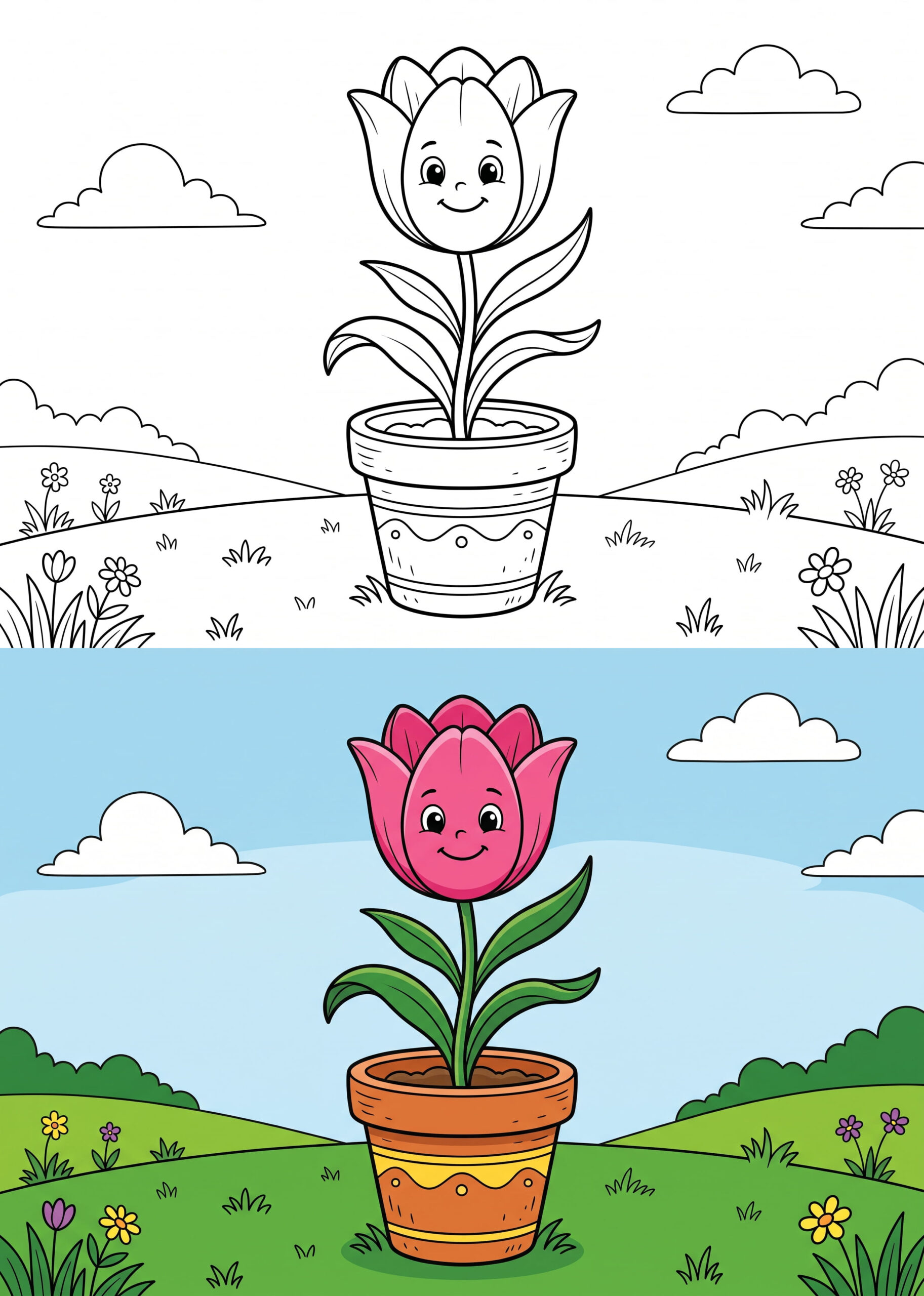 Cheerful Tulip in a Pot Coloring Page