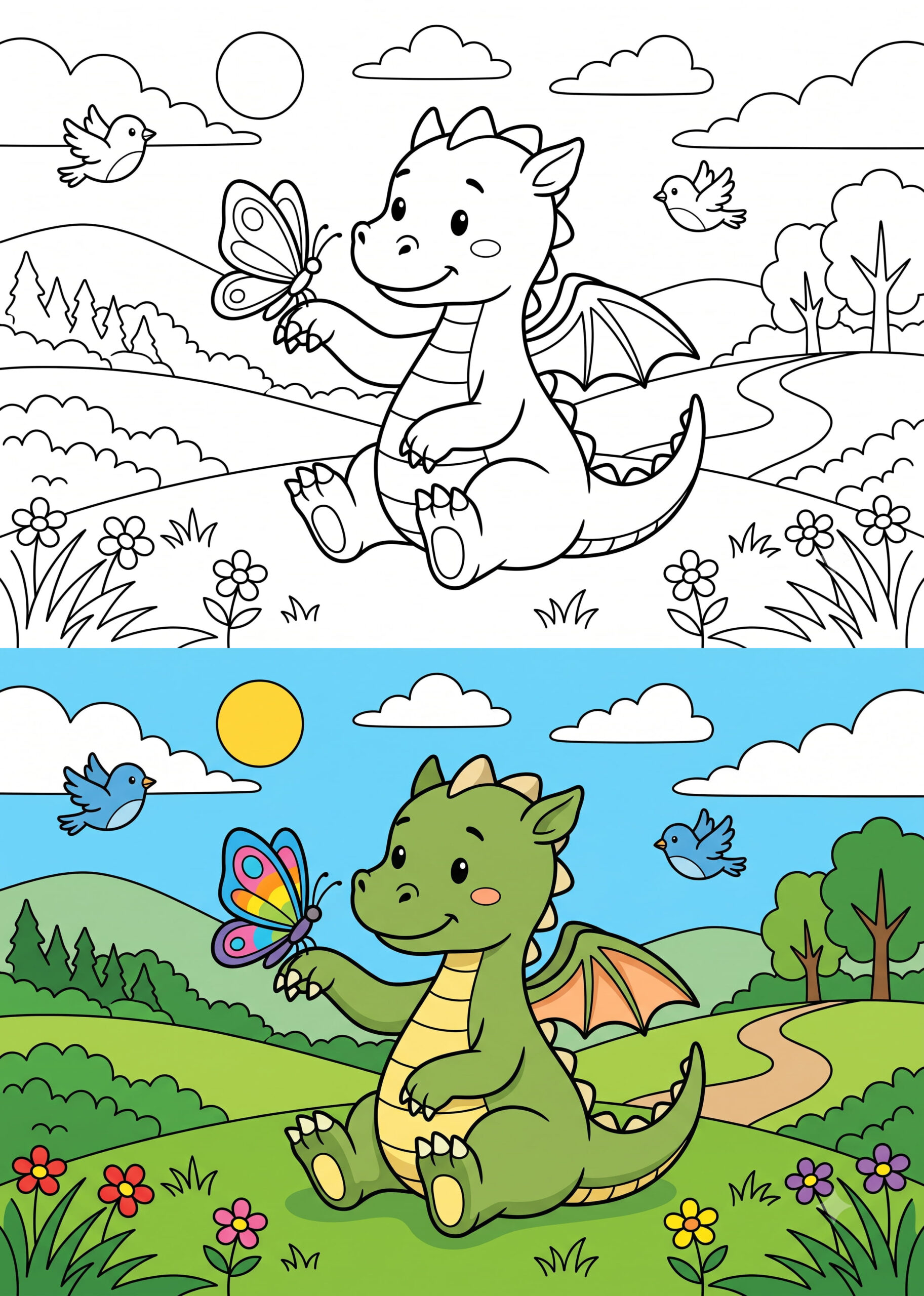Cute Dragon & Butterfly Coloring Page