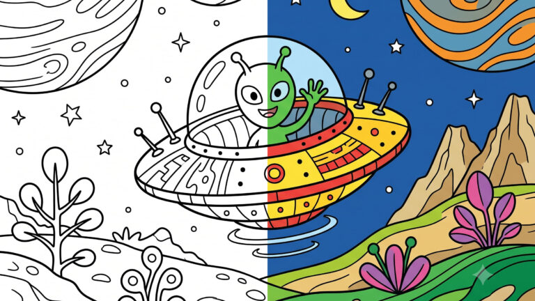 Friendly Alien UFO Coloring Page