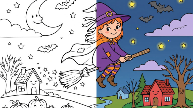 Friendly Witch Flying Coloring Page