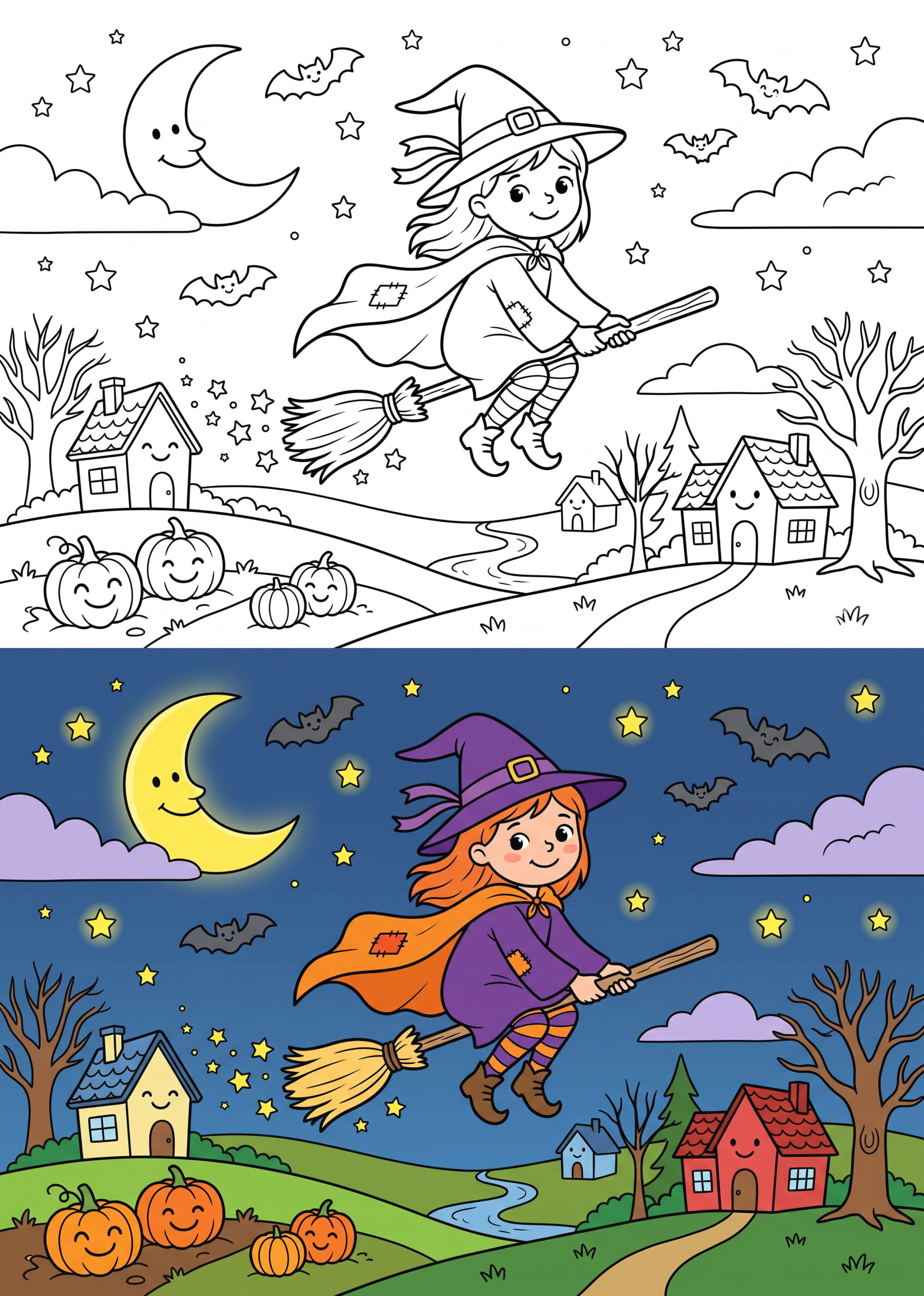 Friendly Witch Flying Coloring Page