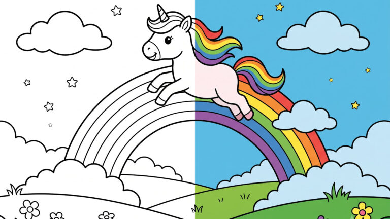 Magical Unicorn Rainbow Coloring Page
