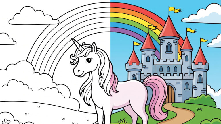 Unicorn and Castle Coloring Page