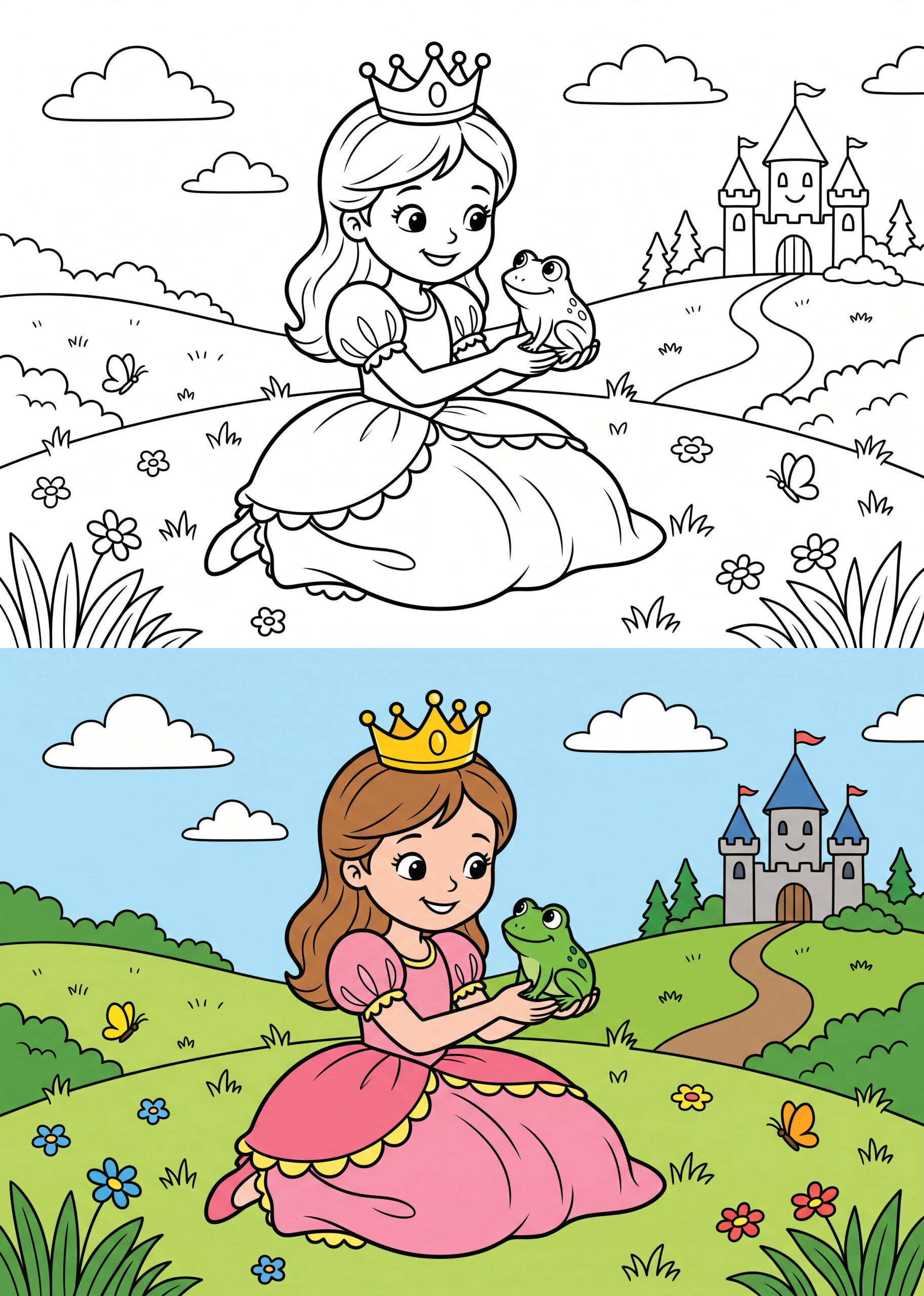 Cute Princess and Frog Coloring Page