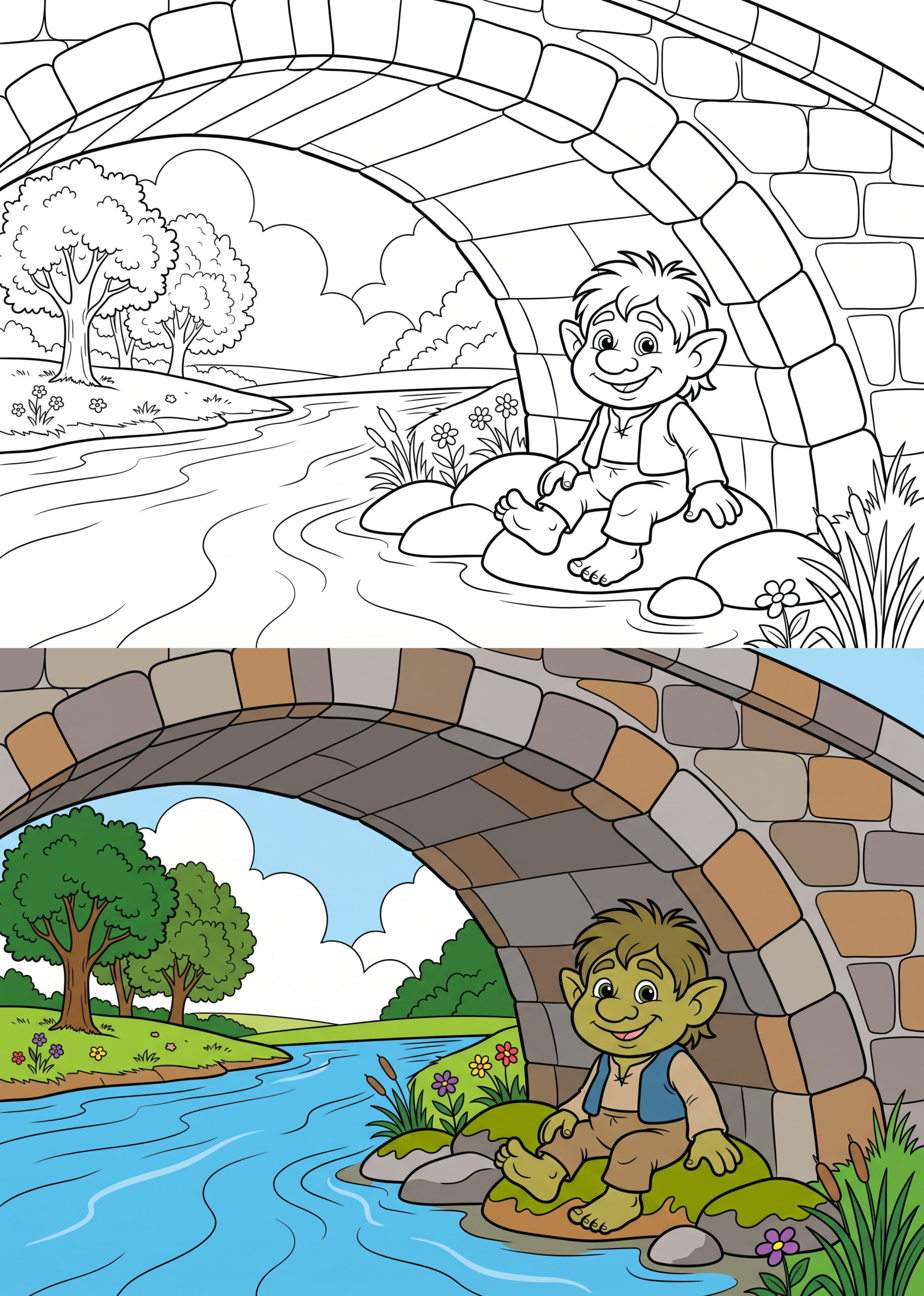 Friendly Troll Under a Bridge Coloring Page