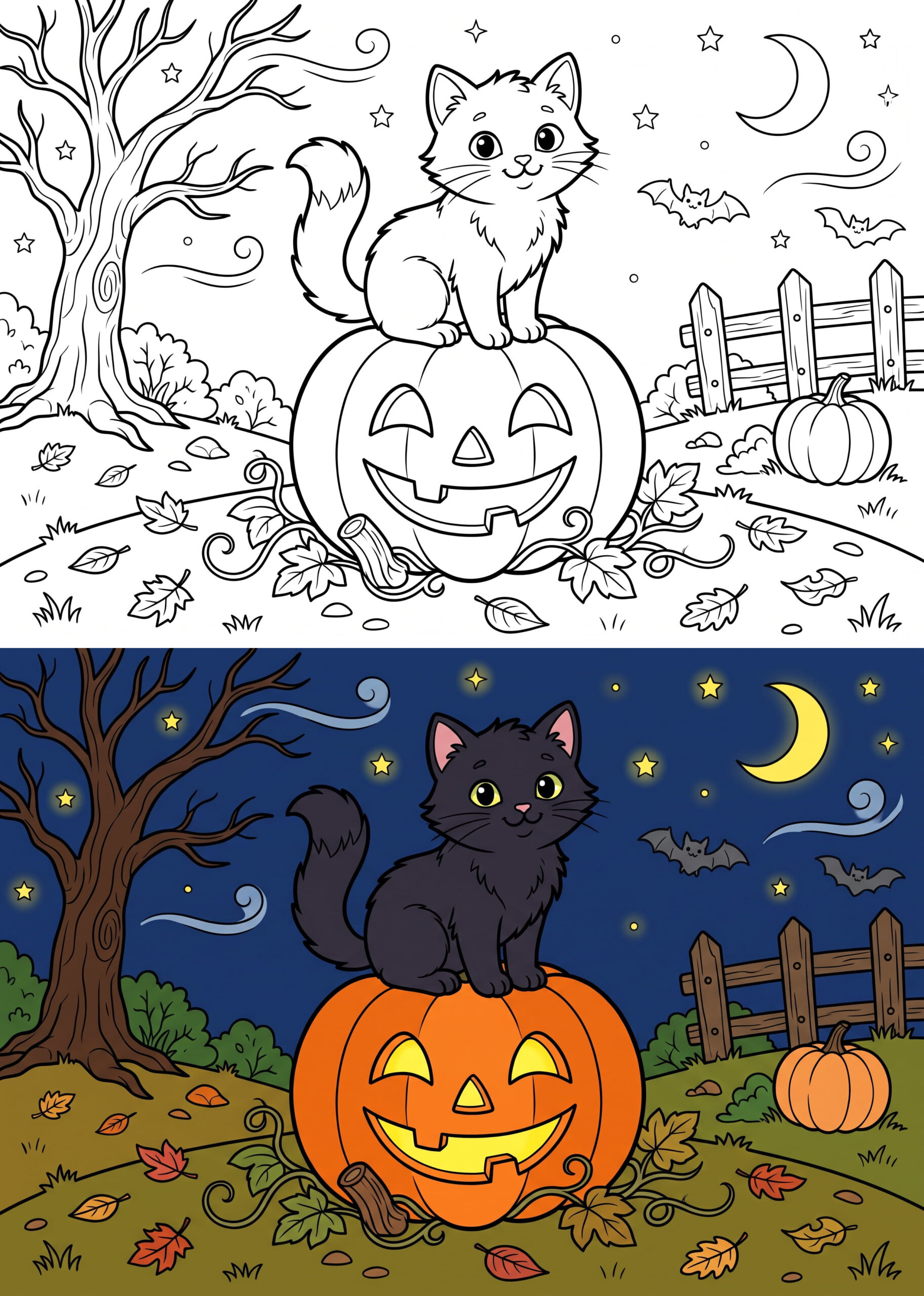 Cute Black Cat and Glowing Pumpkin Coloring Page – Free Printable – Color Online