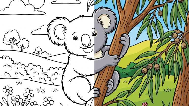 Cute Koala on Eucalyptus Branch Coloring Page – Free Printable – Color Online