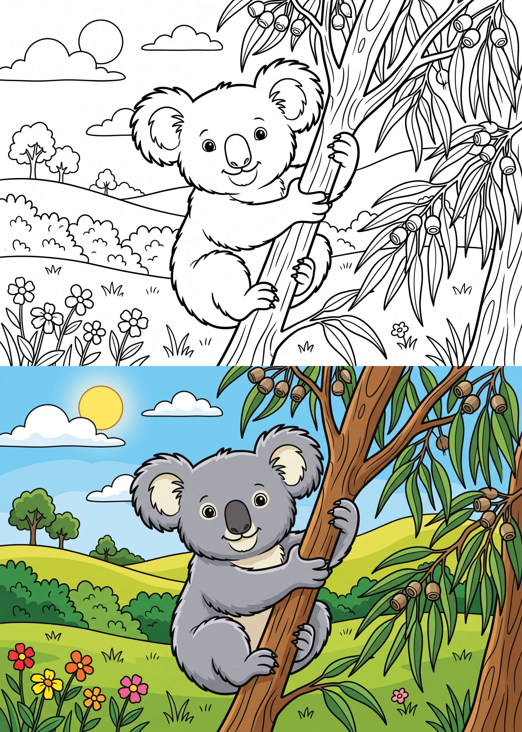 Cute Koala on Eucalyptus Branch Coloring Page – Free Printable – Color Online