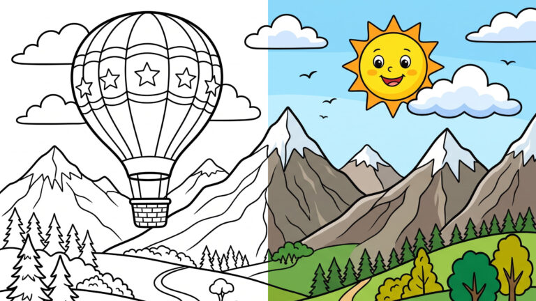 Hot Air Balloon over Mountains Coloring Page – Free Printable
